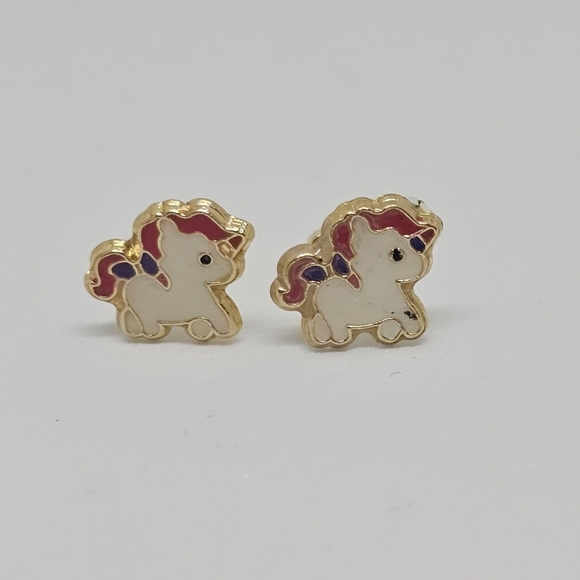 10k Real Gold Unicorn Stud Earrings, Tiny Little Girls Studs, Animal Earrings, - Picture 2 of 7